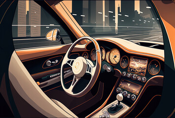 Fototapeta premium Shift stick. view inside the interior of a brand new, high end luxury vehicle. Generative AI