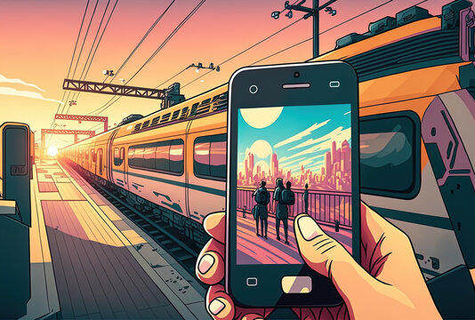 smartphone in hands on platform close to train. Generative AI