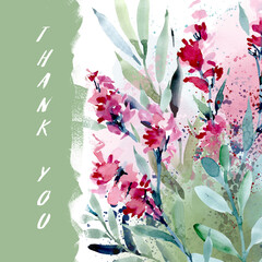 Thank you postcard. Gratitude with watercolor wildflowers. Watercolor background with flowers and splashes, spots. Botanical watercolor background for design