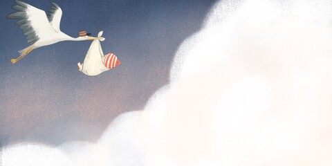 stork bringing newborn baby to the world