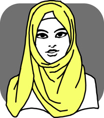 Young Arab woman with beautiful face in traditional fashion hijab head wear scarf. 1001 night style. Hand drawn isolated vector illustration. Simple silhouette line drawing.