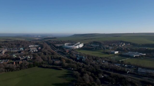 Drone footage of the American Express Community Stadium as seen from Stanmer Park in Brighton 2022