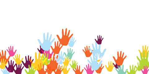 Funny children handprints art therapy concept background design.