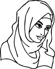 Young Arab woman with beautiful face in traditional fashion hijab head wear scarf. 1001 night style. Hand drawn isolated vector illustration. Simple silhouette line drawing.