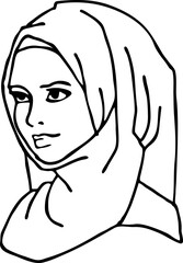 Young Arab woman with beautiful face in traditional fashion hijab head wear scarf. 1001 night style. Hand drawn isolated vector illustration. Simple silhouette line drawing.