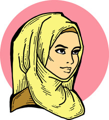 Young Arab woman with beautiful face in traditional fashion hijab head wear scarf. 1001 night style. Hand drawn isolated vector illustration. Simple silhouette line drawing.
