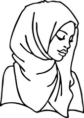 Young Arab woman with beautiful face in traditional fashion hijab head wear scarf. 1001 night style. Hand drawn isolated vector illustration. Simple silhouette line drawing.