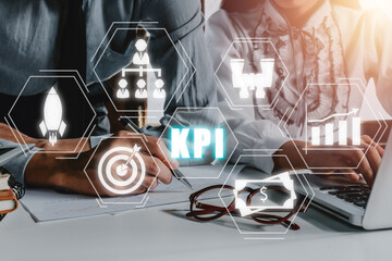 KPI Key performance indicator business and industrial analysis concept, Business person team working on laptop computer with VR screen KPI icon.
