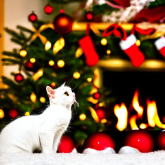 Cute white cat near the Christmas tree and the fireplace, Generative AI Illustration