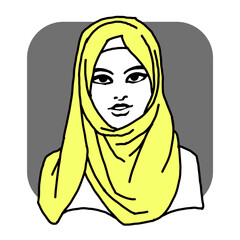Young Arab woman with beautiful face in traditional fashion hijab head wear. Hand drawn isolated illustration. Line style comics cartoon drawing. 