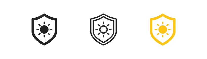 Sun protect outline icon. UV protect concept. Spf symbol. Shield, sun signs. Flat design.
