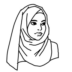 Naklejka premium Young Arab woman with beautiful face in traditional fashion hijab head wear. Hand drawn isolated illustration. Line style comics cartoon drawing. 