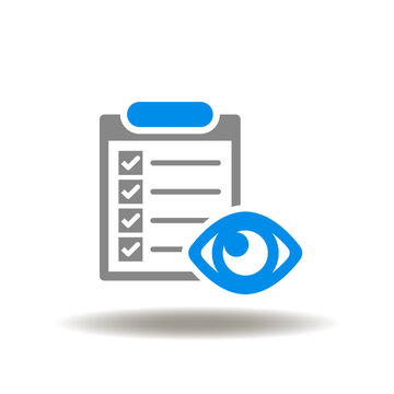 Vector illustration of checklist with eye. Icon of planning, execution checklist completed. Symbol of supervision, observation.