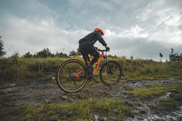 Fototapeta na wymiar Ciclista en bicicleta de montaña en camino de tierra entre el bosque