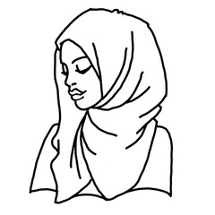 Young Arab woman with beautiful face in traditional fashion hijab head wear. Hand drawn isolated illustration. Line style comics cartoon drawing. 