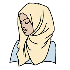 Young Arab woman with beautiful face in traditional fashion hijab head wear. Hand drawn isolated illustration. Line style comics cartoon drawing. 