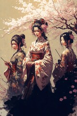 Fototapeta na wymiar Three Japanese girl in a pink forest digital illustration