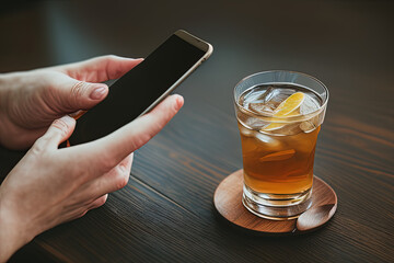 Fototapeta na wymiar a person holding a cell phone next to a drink on a table with a wooden table top