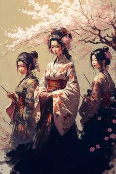Three Japanese girl in a pink forest digital illustration
