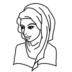 Young Arab woman with beautiful face in traditional fashion hijab head wear. Hand drawn isolated illustration. Line style comics cartoon drawing. 