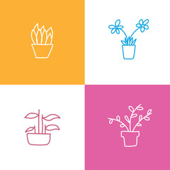 Flowers in the pot 3. Nature line art vector illustration of flowers and leaves beautiful collection set.