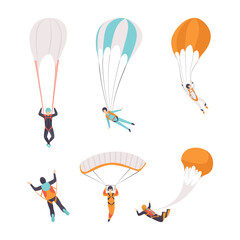 Man Character Skydiving Falling Down with Parachute Vector Set