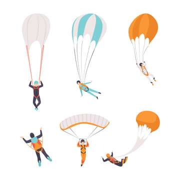 Man Character Skydiving Falling Down with Parachute Vector Set © topvectors