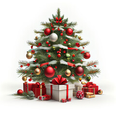 Christmas tree with baubles, gifts on white background
