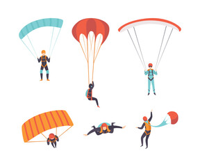 Man Character Skydiving Falling Down with Parachute Vector Set