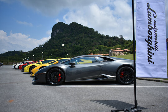 Many Lamborghinis and luxury cars are parked together. Photo taken on 23 February 2019, Pattaya, Thailand