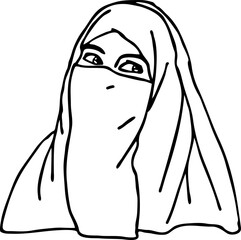 Young Arab woman with beautiful face in traditional fashion niqab head wear. Hand drawn isolated vector line illustration. Comic cartoon character.