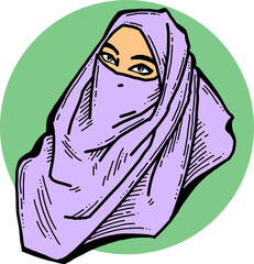 Young Arab woman with beautiful face in traditional fashion niqab head wear. Hand drawn isolated vector line illustration. Comic cartoon character.