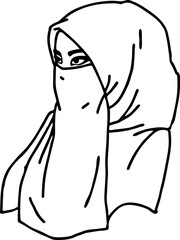 Young Arab woman with beautiful face in traditional fashion niqab head wear. Hand drawn isolated vector line illustration. Comic cartoon character.