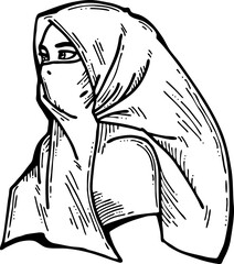 Young Arab woman with beautiful face in traditional fashion niqab head wear. Hand drawn isolated vector line illustration. Comic cartoon character.