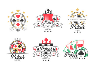 Poker Logo and Casino Emblem with Diamonds, Clubs, Hearts and Spades Vector Set