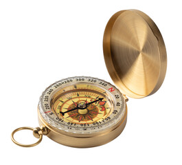vintage compass in gold case isolated on white background