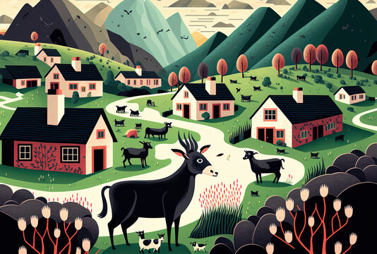 Field with black goats and houses surrounding it, with hills and a river in the distance. Generative AI