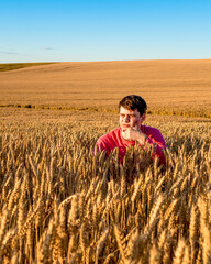 Naklejka na ściany i meble A young boy in a field of golden wheat