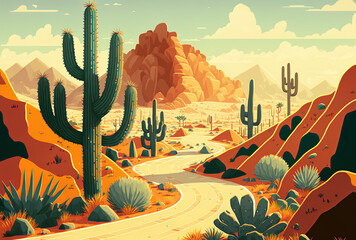 a road in the desert flanked by hills covered with exotic vegetation. Generative AI