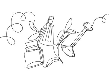 Continuous drawing of one line of bottles with oil or honey or lemon or lime juice for scrubbing and body skin care with natural herbal skin care products, top view of ingredients. Vector illustration