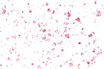 Many Dot droplet of Red juice from splash in Air. Water red tomato pour from sky and purify clean natural. Wine shape form of water splashing flow celebrate over White background Isolated.