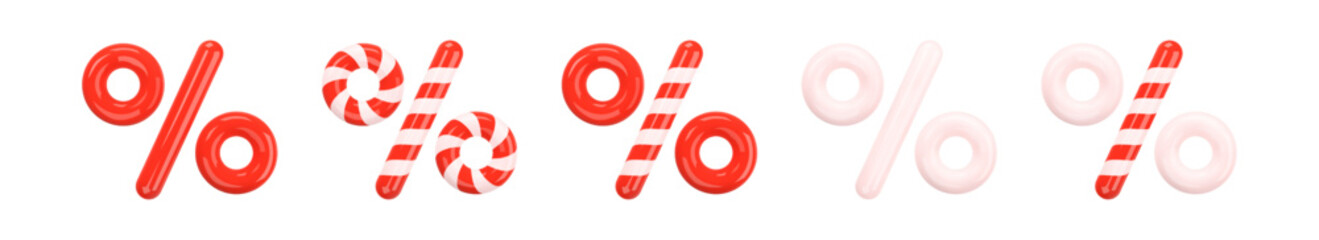 Percent sign. Glossy 3D symbol in the Festive Christmas and New Year Candy Cane style on a white background. Percentage, discount, sale, promotion concept. 3d vector illustration. Icon set