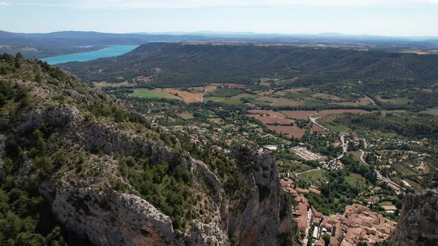view from the top of the hills Moustiers-Sainte-Marie France aerial shot sunny 
