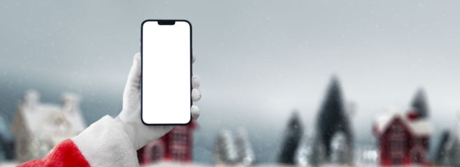 santa claus holding a mobile phone on christmas background with transparent screen png