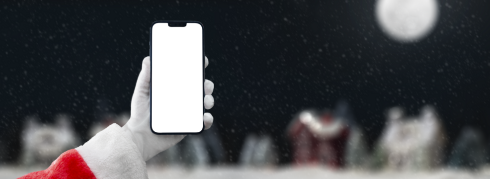 santa claus holding a mobile phone on christmas background with transparent screen png