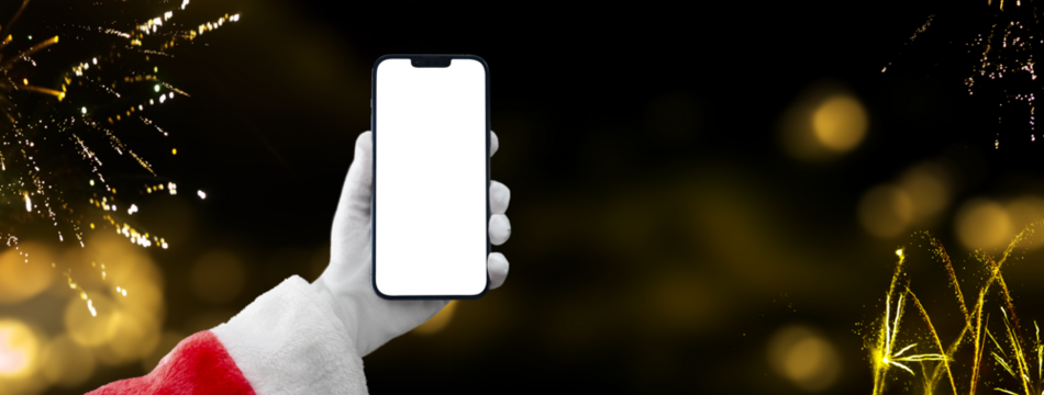 santa claus holding a mobile phone on fireworks background with transparent screen png