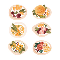 Tasty Meal and Dish Served on Plate for Restaurant Menu Vector Set
