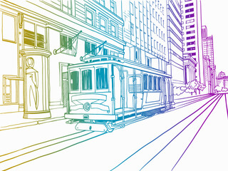 Cable Car in San Francisco. California streetcar. USA. Traditional California car. Hand drawn urban sketch. Colourful Digital illustration. Vector background.

