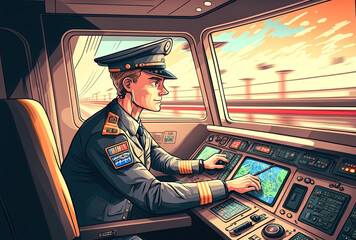 Professional driver driving high speed train in uniform inside train cockpit. Generative AI