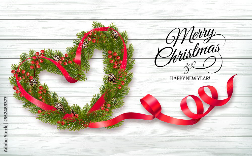 Aufkleber happy holiday background. branches of christmas tree with berries and pine the shape of a heart and 